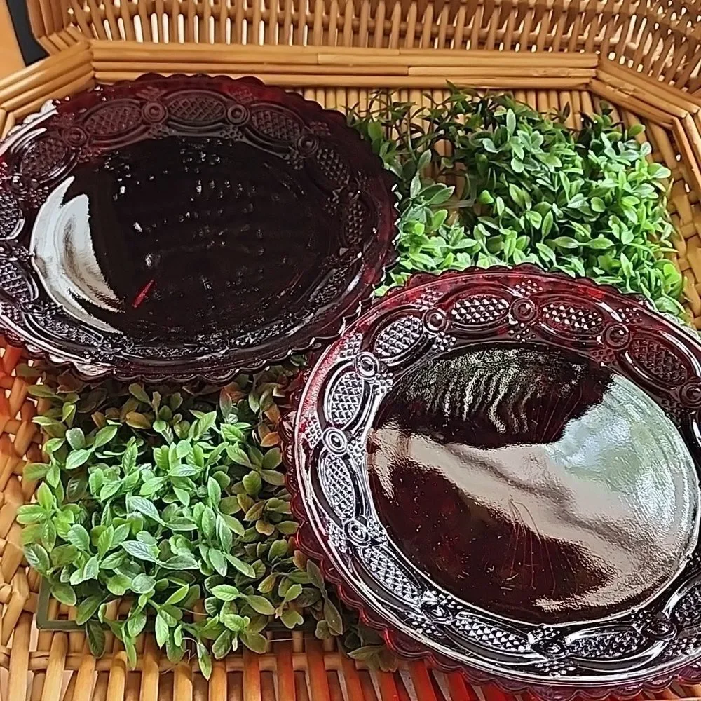 Vintage Cape Cod Ruby Glass Plates Set Of 2 Decorative Border - Picture 3 of 6